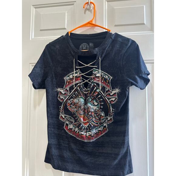 Affliction NWOT American Customs Chromium Heart T-Shirt Sz S Lace Up Bling - Picture 4 of 8